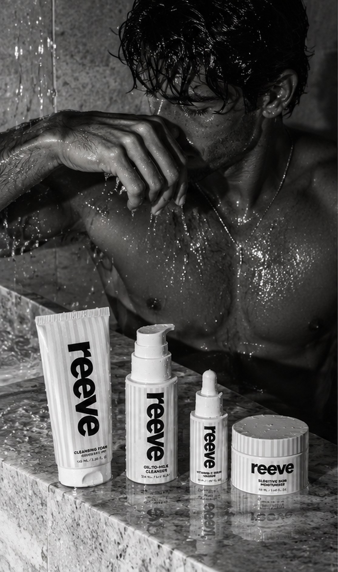 Shower editorial with REEVE skincare lineup